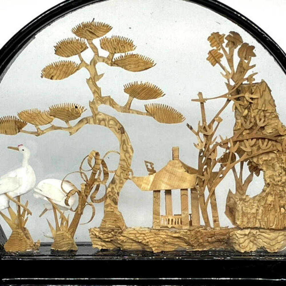 Vintage Chinese Cork Diorama 4" Art in Glass Shadow Box Lacquer‎ Frame Glass - Picture 5 of 9